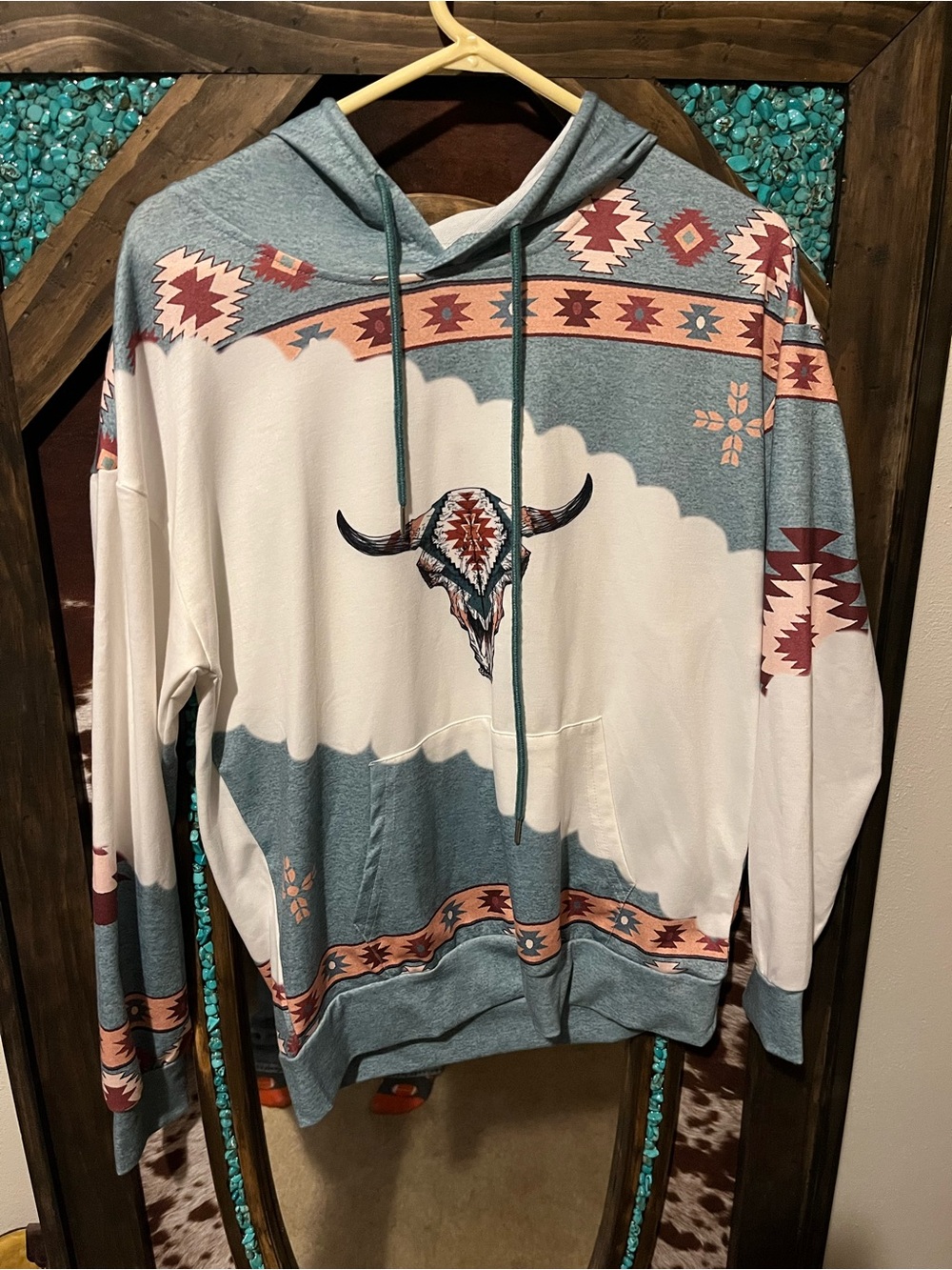 Southwestern Aztec Skull Pullover Hoodie in Teal & Cream
